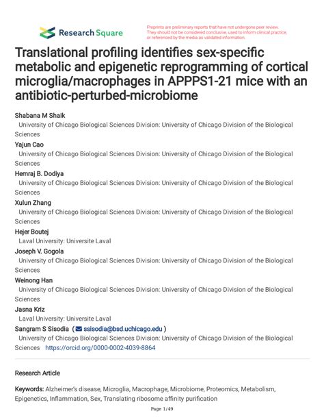 Pdf Translational Profiling Identifies Sex Specific Metabolic And