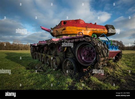 Target tank with graffiti on a meadow Stock Photo - Alamy