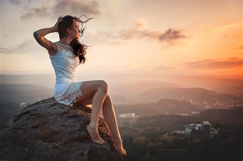 Women Model Brunette Nature Rock Sunset Depth Of Field Mist HD Wallpapers Desktop And