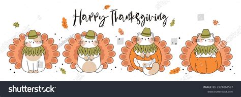 Draw Funny Cats Thanksgiving Pumpkin Turkey Stock Vector Royalty Free