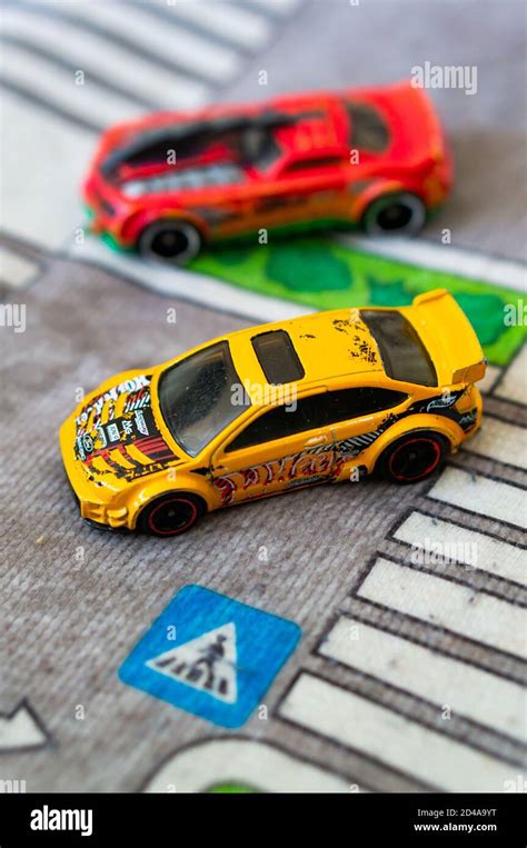 POZNAN POLAND Oct 03 2020 Mattel Hot Wheels Model Toy Ford Focus Sport Car On A Play Road