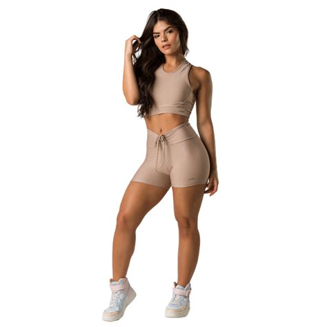 Conjunto Feminino Top Nadador E Short Cadar O Nude Tecido Canelado Ava