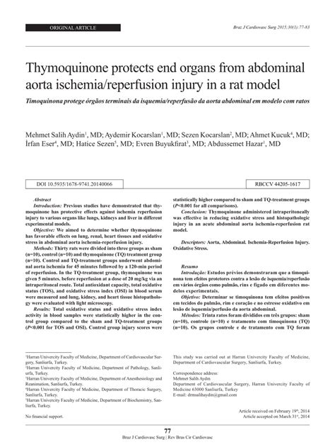 Pdf Thymoquinone Protects End Organs From Abdominal Aorta Ischemia