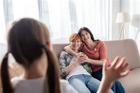Focus Of Smiling Same Sex Parents Stock Photo Image Of Smile Lesbians 176271046