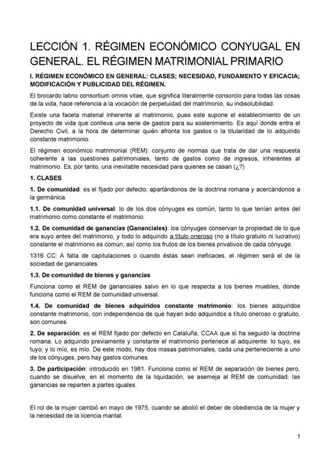 Derecho Civil de familia LECCIÓN 1 RÉGIMEN ECONÓMICO CONYUGAL EN