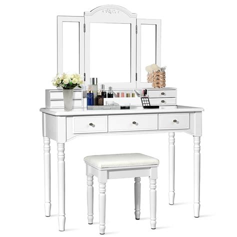 Tri Folding Mirror Vanity Table Set With Stool White