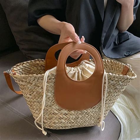 Bolsa De Praia De Luxo Para Mulheres Tote Tecida M O Couro Pu Ombro