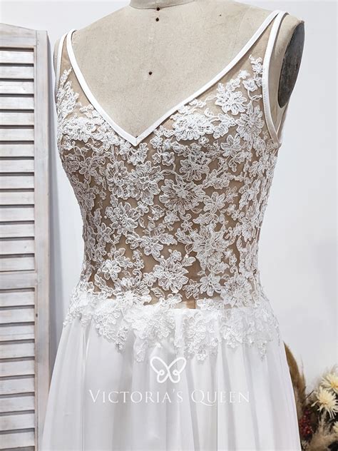 VQ Nude Lining With White Lace And Chiffon Long Bridal Dress