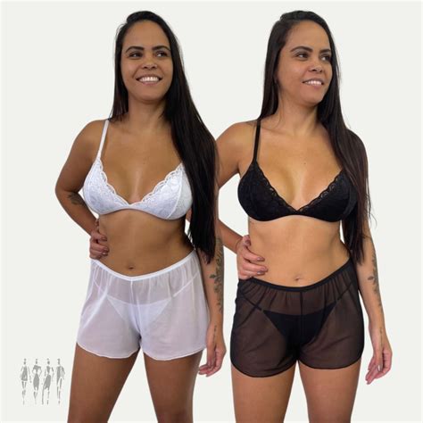 KIT Conjuntos feminino lingerie sensual três peças calcinha sutiã e shortinho de tule