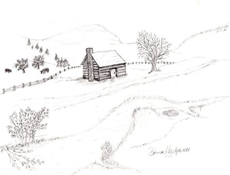 a pencil drawing of a log cabin on a hill