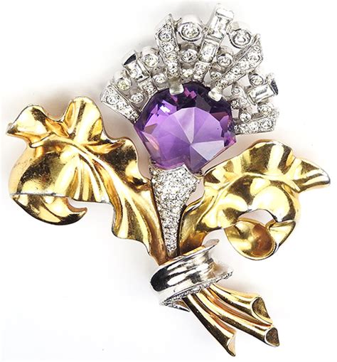 Mb Boucher Gold Pave And Heptagon Cut Amethyst Double Leaves With Bow