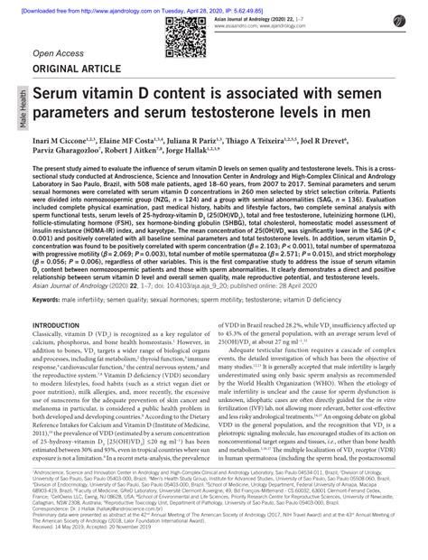 Pdf Serum Vitamin D Content Is Associated With Semen Parameters And Serum Testosterone Levels