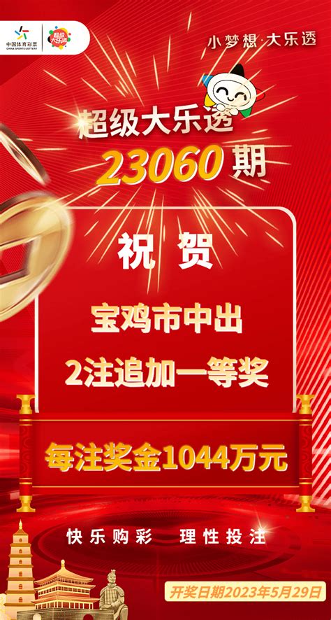 宝鸡中得2注大乐透头奖 单注奖金1044万一等奖追加投注全国