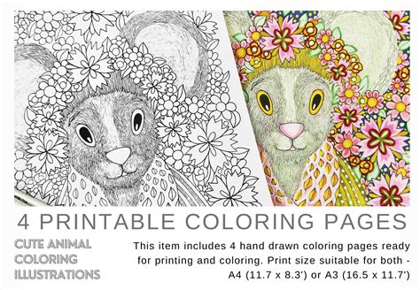 Cute Animals Coloring Book Printable, Hand Drawn Floral Coloring Pages ...