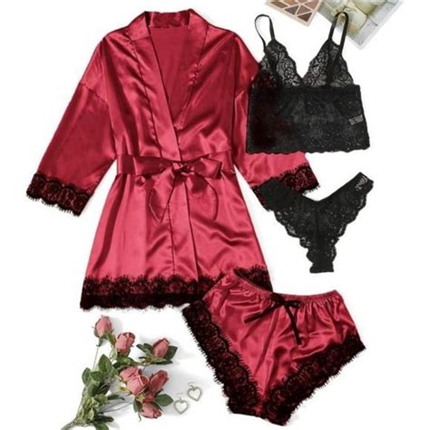 Intimates Sleepwear Pc Womens Plus Size Silk Satin Pajama Sleepwear With Robe Lingerie