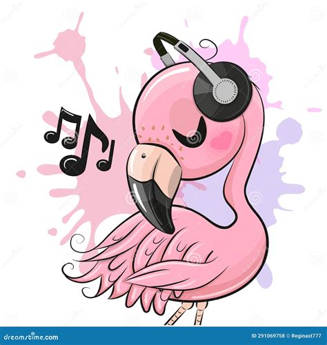 Lindo Flamingo De Dibujos Animados Con Auriculares Ilustración del