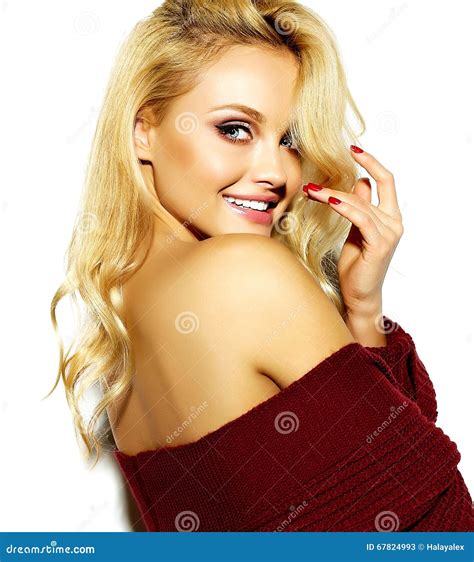 Happy Sweet Cute Smiling Blonde Woman In Casual Clothes Stock Image Image Of Beauty Model