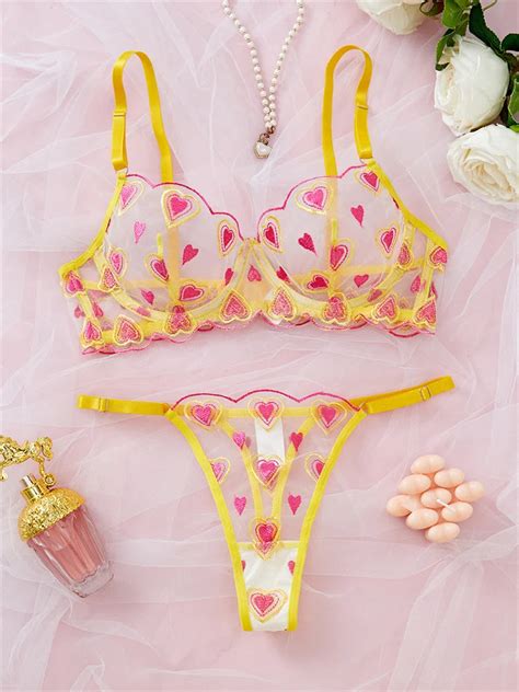 Churchf Yellow Heart Embroidery Mesh Lingerie Set