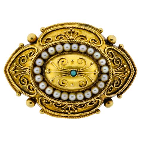 Victorian English 15 Karat Yellow Gold Turquoise And Pearl Brooch Locket Back For Sale At 1stdibs