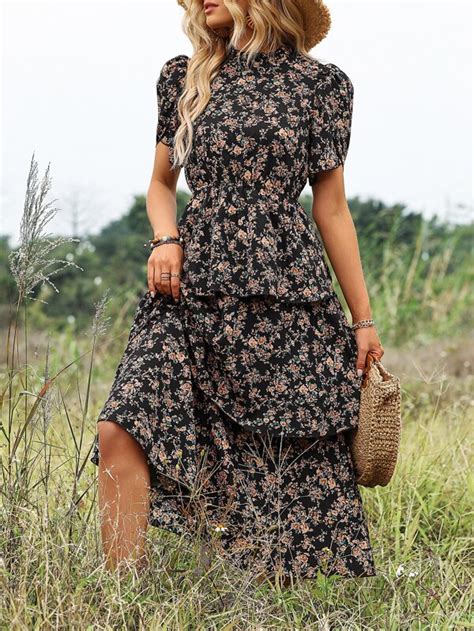 Ditsy Floral Print Petal Sleeve Layered Hem Dress SHEIN USA