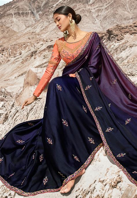 Navy Blue Barfi Silk Party Wear Saree