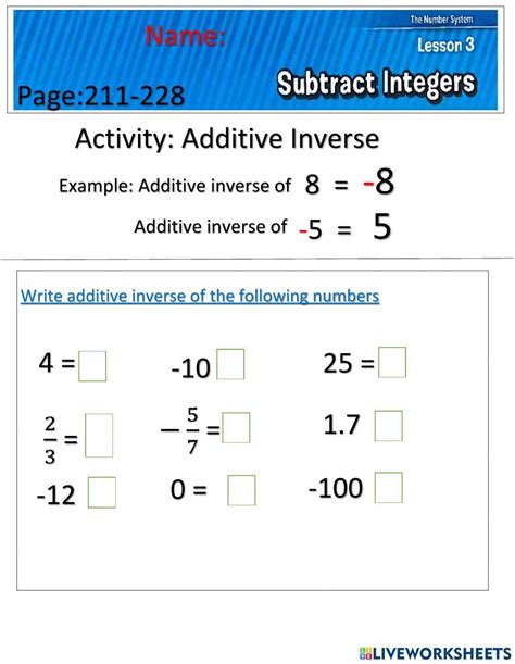 Additive Inverse Starter Online Exercise For Live Worksheets