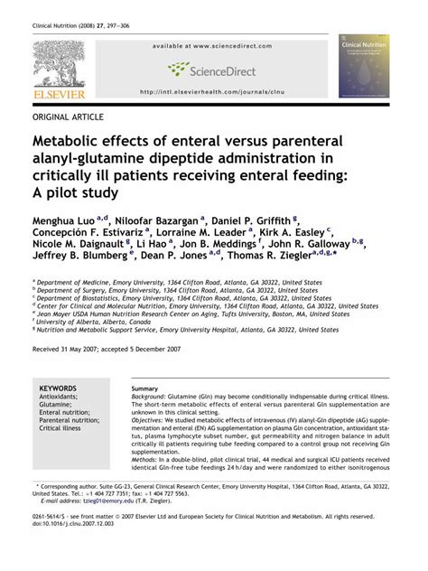 Pdf Metabolic Effects Of Enteral Versus Parenteral Alanyl Glutamine