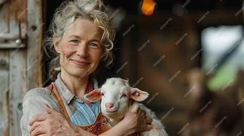 Premium Photo Portrait Of A Middle Aged Woman Holding Goat In Her Lap In Front Of Her Farm