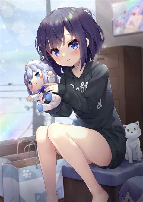 Safebooru 1girl Bag Barefoot Black Hair Black Shirt Blue Eyes Blush