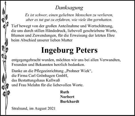 Traueranzeigen Von Ingeburg Peters Trauer Anzeigen De