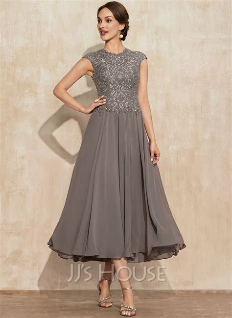 A Line Scoop Neck Tea Length Chiffon Lace Mother Of The Bride Dress