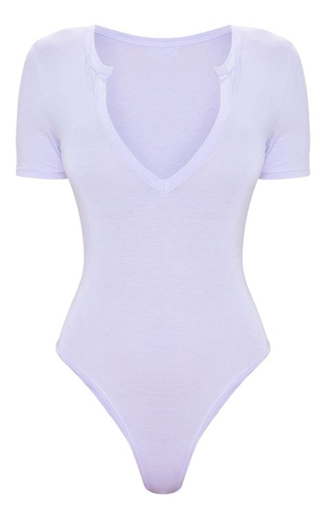 Basic Lilac Plunge Short Sleeve Bodysuit Fancy Outfits Bodysuit