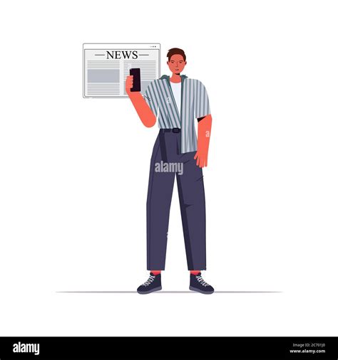 Man Reading News On Smatphone Screen Daily News Press Mass Media Concept Full Length Vector