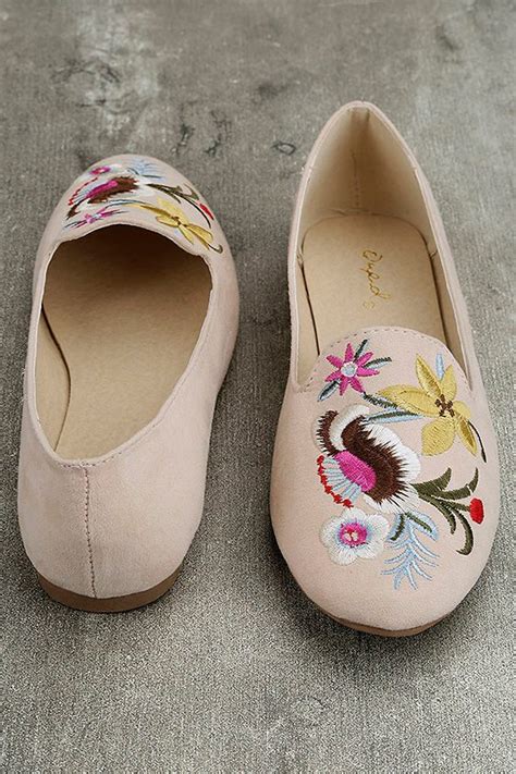 Cute Nude Flats Vegan Suede Loafers Embroidered Loafers Loafer Flats