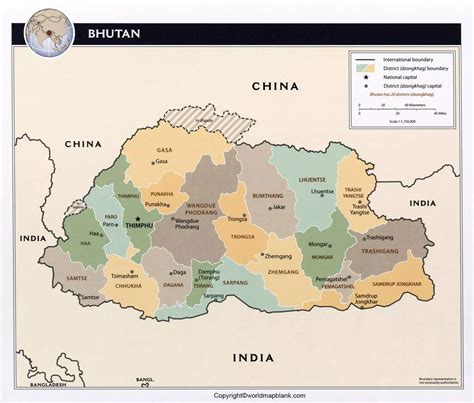 Labeled Map Of Bhutan With States Capital Cities