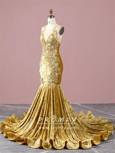 Promfy Beaded Golden Yellow Diamond Velvet Black Girl Prom Dress