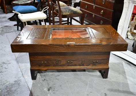 Bid Now Oriental Hibachi Table In Elm 3 Drawers To Base With Brass