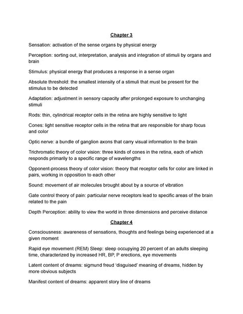 Psych Key Terms Ch 3 And 4 Chapter 3 Sensation Activation Of The