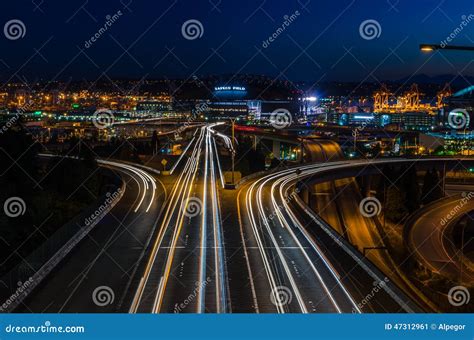 Interstate Overpass At Night With Traffic Light Trails Editorial Photo