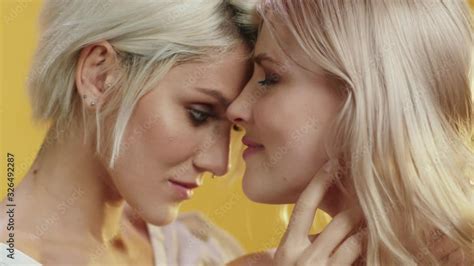 Portrait Beautiful Tender Lesbian Girls Touch Each Other Kiss And Hug Enjoy Every Moment Of Love
