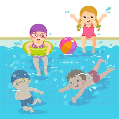 Ilustración caricatura de niños felices nadando en la piscina Vector