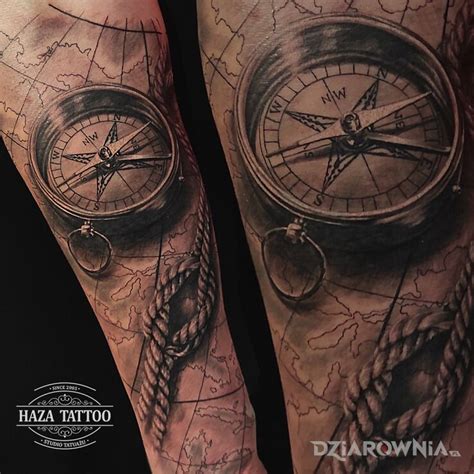 Tatuaż kompas lina mapa Autor Studio Haza Tattoo dziarownia pl