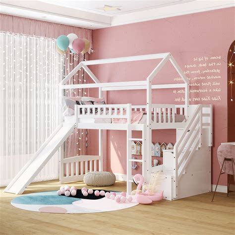 Buy Harper Bright Designs Twin Loft Bed With Slide And Storage House