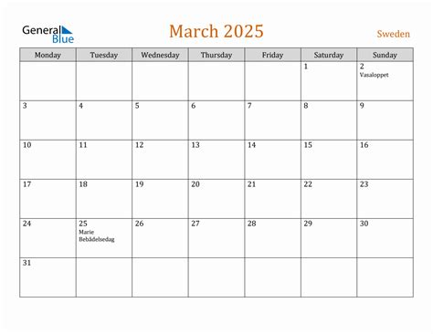Free March 2025 Sweden Calendar