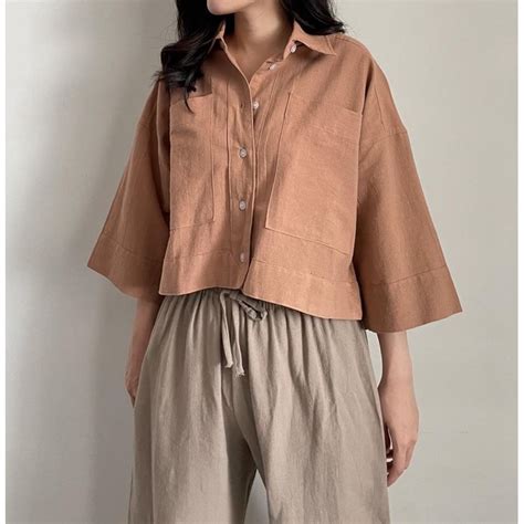 Jual Sivali Kemeja Crop Linen Pocket Oversized Shirt Linen Outer