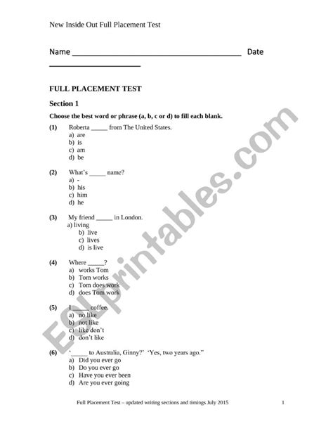 Placement Test Esl Worksheet By Rvossen