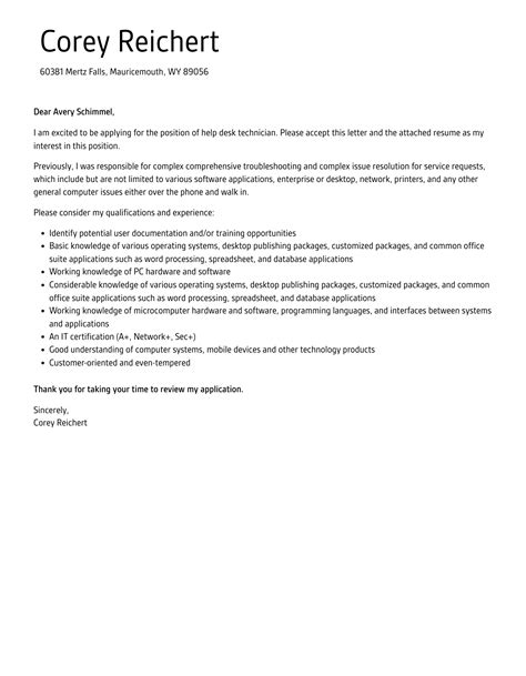 Help Desk Technician Cover Letter Velvet Jobs