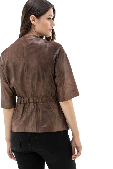 Women S 100 Real Brown Leather Half Sleeves Jacket