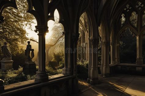 AI-generated Illustration of a Gothic Cloister at Sunset Stock Photo - Image of twilight, light ...