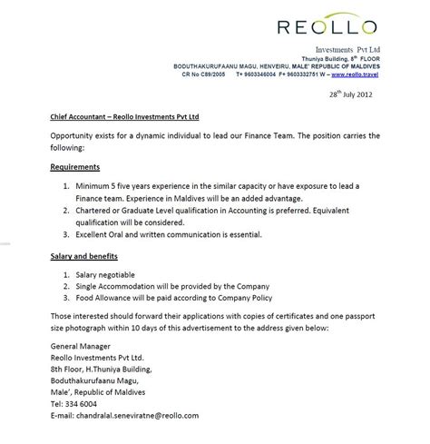 job maldives fresh jobs  maldives chief accountant jobs  maldives